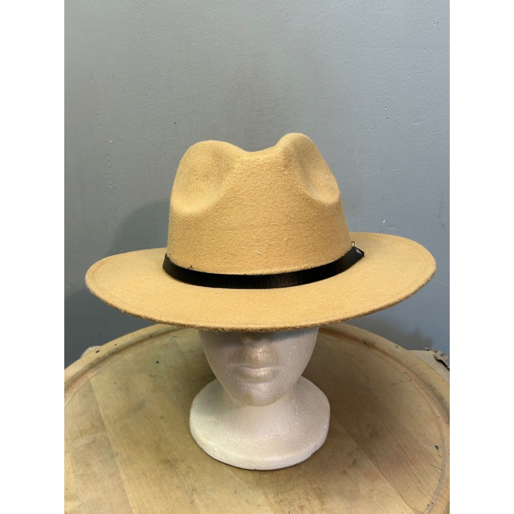 Kendall + Kylie Tan Felt Fedora Hat Wide Brim Chain Detail Women's One Size‎ NEW